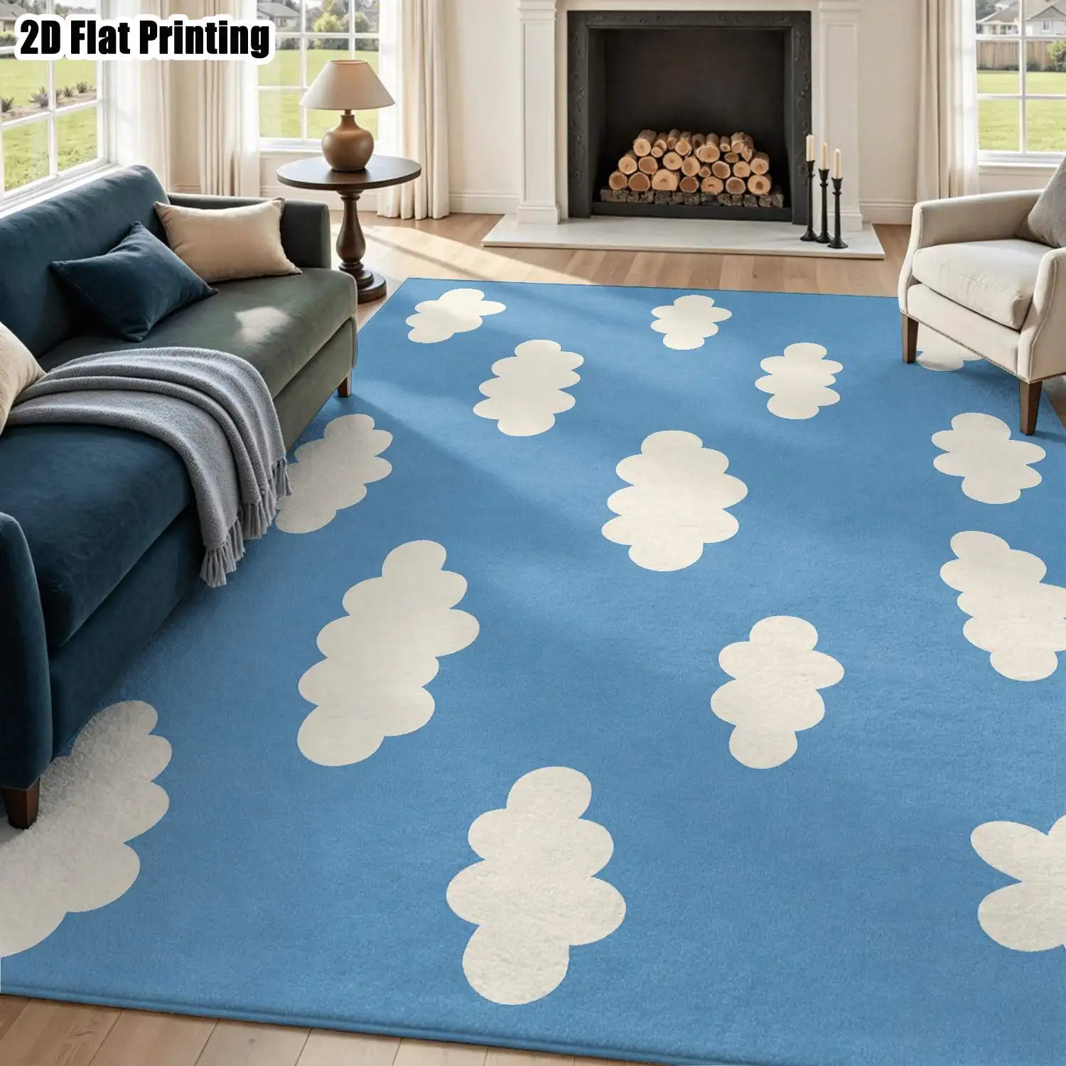 1Pc 2D Printed Blue Cloud Nordic-Style Carpet, Instagram-Inspired Modern Minimalist Geometric Patterned Floor Mat, Machine Washable Home Decor, Multi-Size, for Living Room, Bedroom, Dining Room, Entrance, Study
