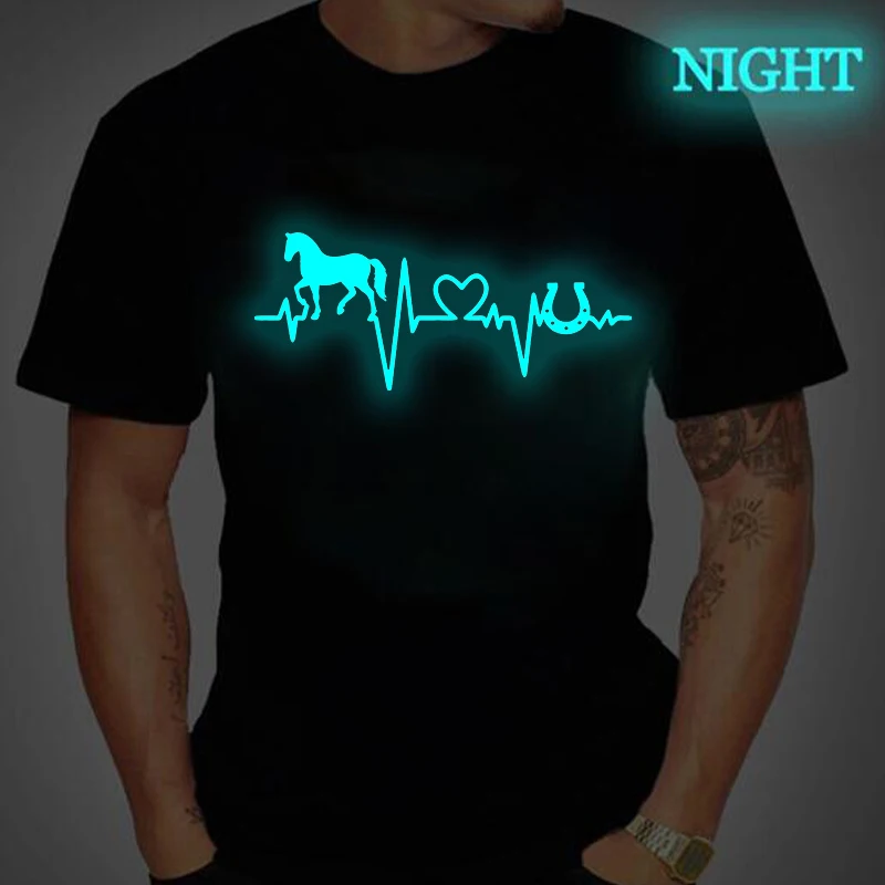 Horse Heartbeat Heart Print T Shirt, Vintage Animal Luminous Style Streetwear, Men Women Short Sleeve Horse Trend T-shirts