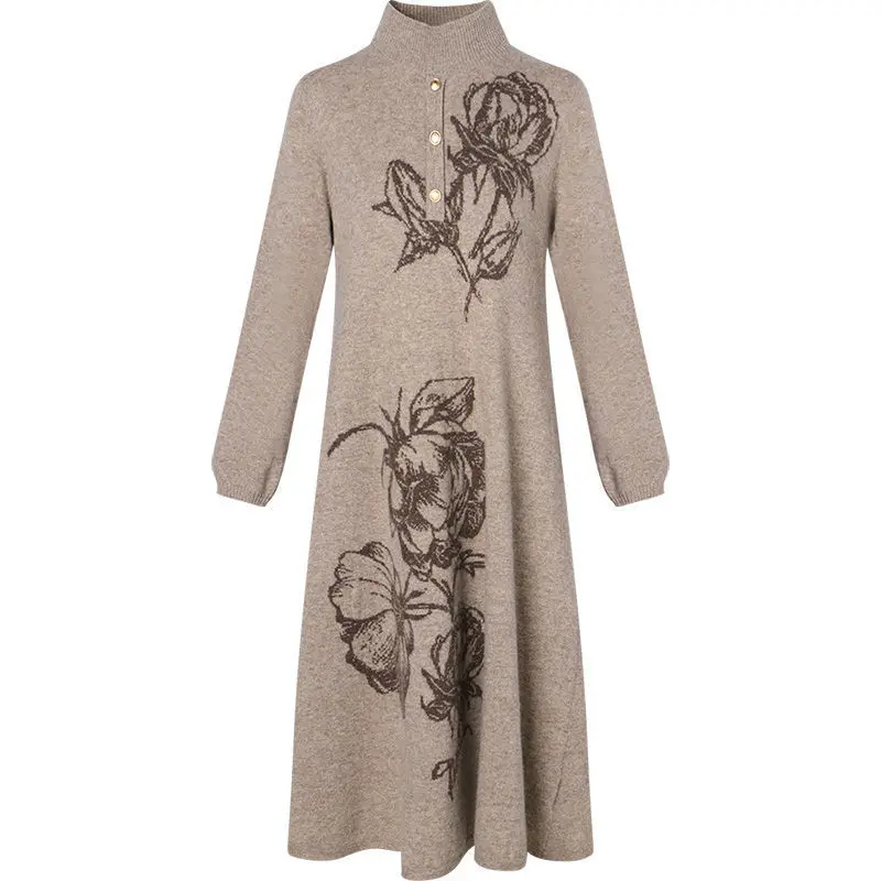 Vestido de punto Jacquard de gran tamaño para mujer, Cuello medio alto, hasta la rodilla, Vintage, botones, parte inferior