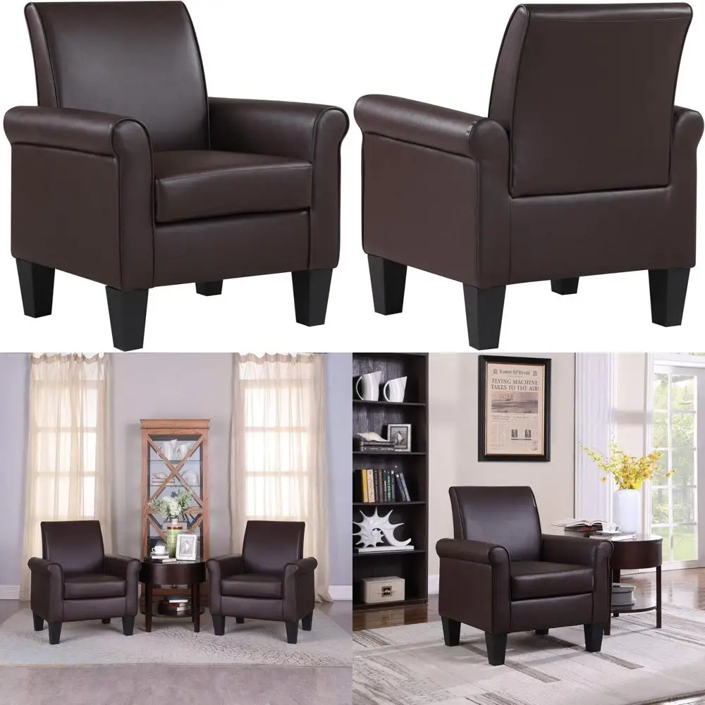 

Faux Leather Accent Chair for Living Room, Upholstered Winged Arm Sofa Chair, Comfortable Single Sofa for Bedroom or Apartment