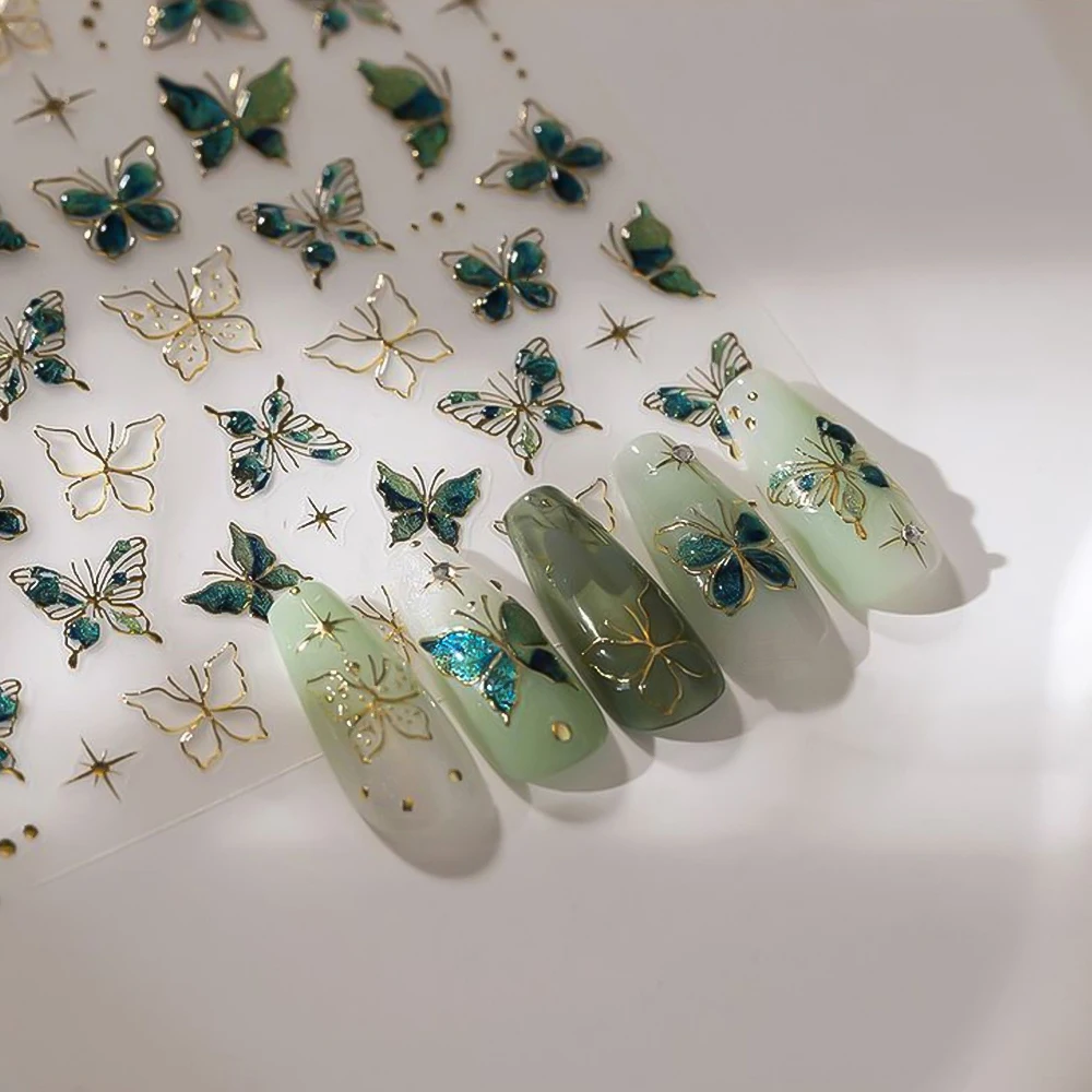 1 ورقة 5D الذهبي مختوم فراشة مسمار الفن ملصقات الأزرق الأخضر البرنز فراشة المنزلق الشارات DIY بها بنفسك مانيكير لاصقة تزيين