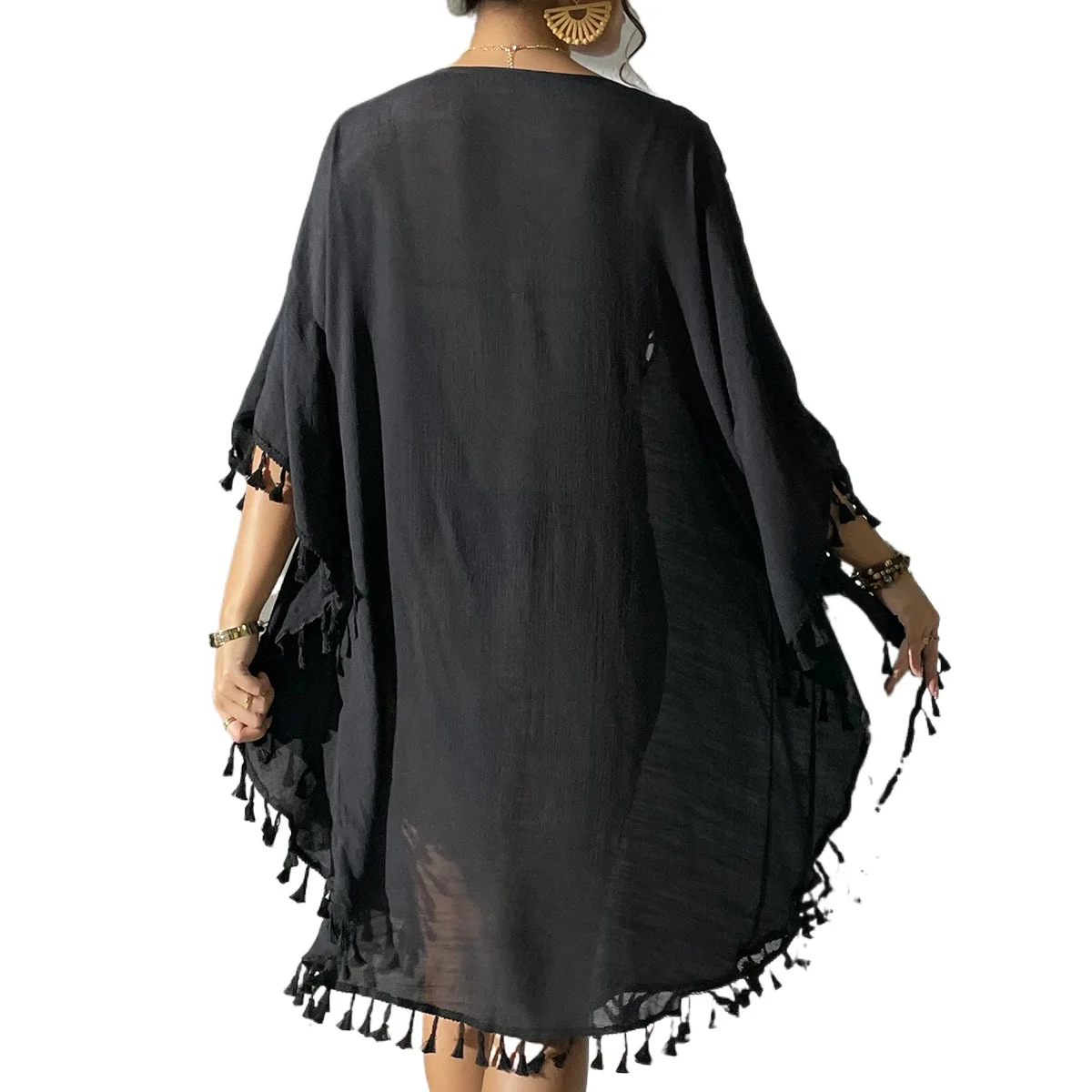 Vestido playero con flecos para mujer, blusa holgada, media manga con cuello redondo, cubierta ligera para traje de baño, vestido informal de verano