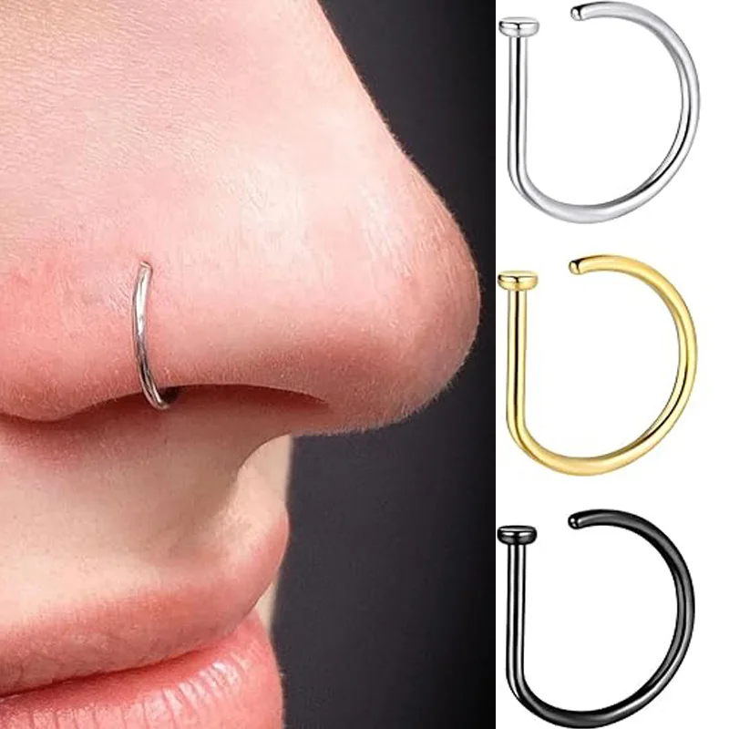 1Pcs 20G Stainless Steel D Shape Thin Nose Ring Screw Hoop Curved Barbells Fake Lip Piercing, Hypoallergenic Nose Septum Clip