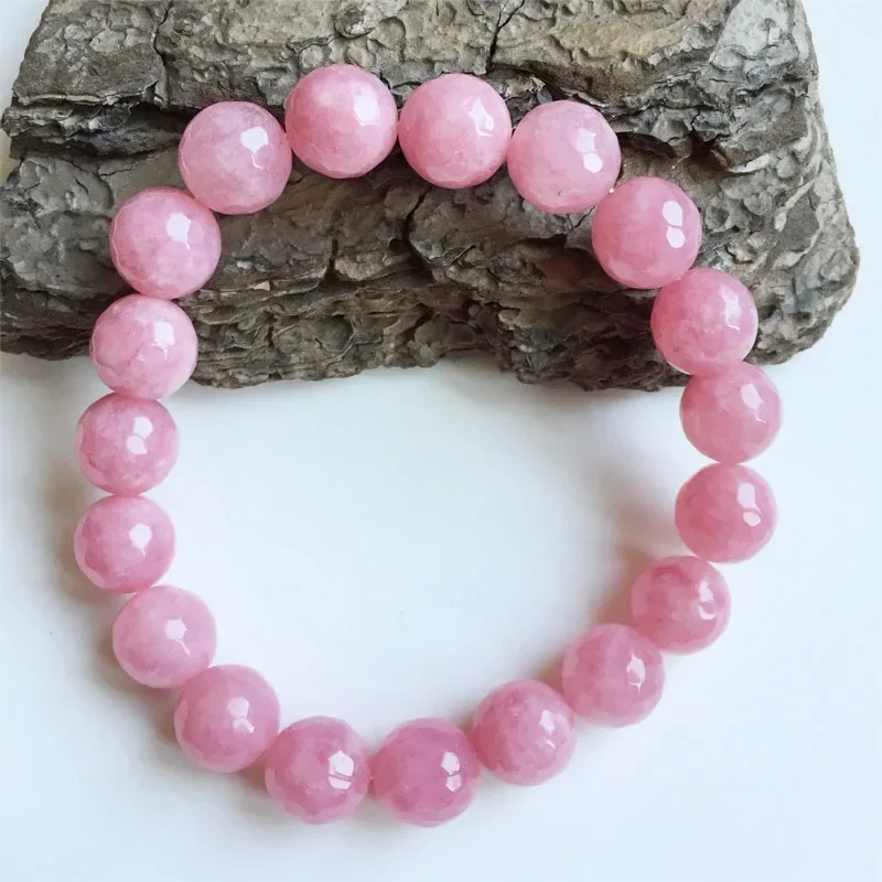 12MM Faceted Fleshy Pink Jade Bracelet Boho Yoga Cut Natural Stone Vintage Bead Hand Row Gemstone for Women Jewelry