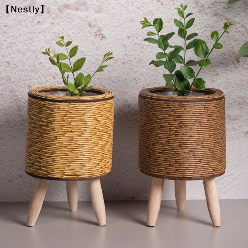 Imitiertes Rattan-Geflecht-Blumenregal, handgefertigter Aufbewahrungskorb mit abnehmbaren Holzbeinen, Pflanztopfhalter〔Nest〕 – Detail 3