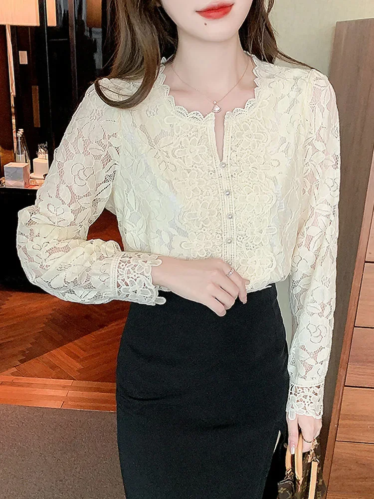 Petal Sleeve Sweet Lace Blouse O Neck Women Femme Blusas White Button Loose Top Hollow Out Flower Lace Patchwork Shirt 19234