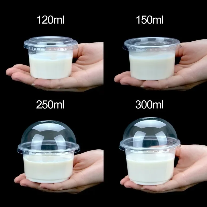 100 Set Disposable Pudding Cup Plastic Cup Lid Jelly Bowl Dessert Yogurt Small Box Home Party Wedding Baking Plum 4/5/8/10oz