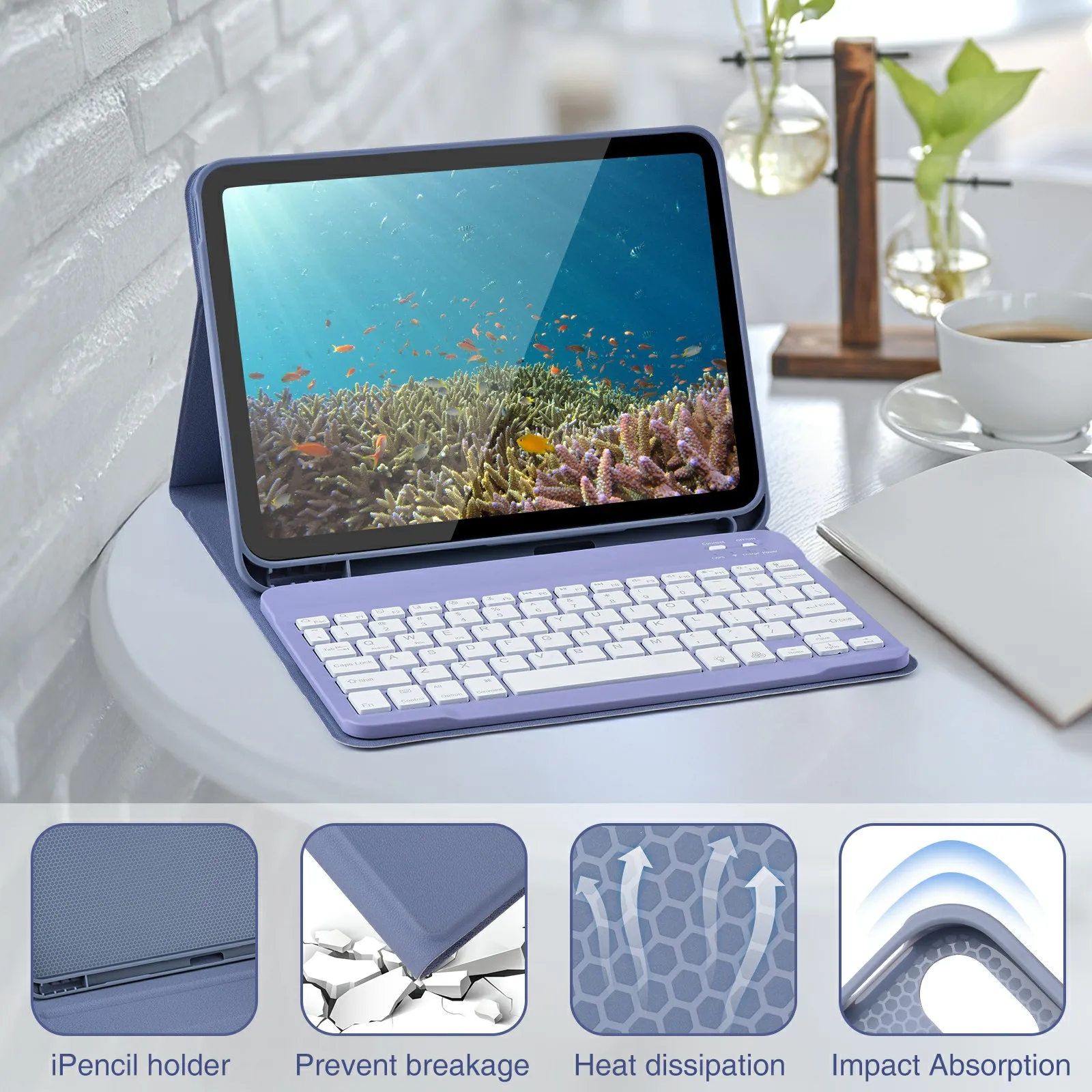 SK-1099D Для iPad (2025)/10.9 (2022) Кожаный чехол для планшета с клавиатурой BT — серый, синий