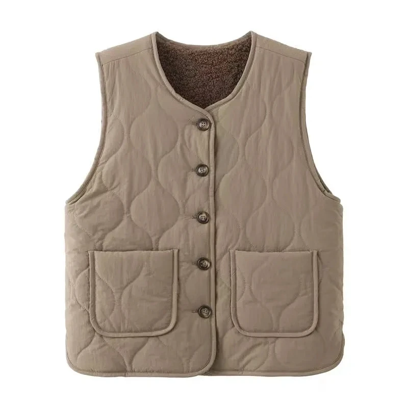 

Autumn and Winter New Quilted Lamb Wool Vest Coat Ladies Warm Large Pocket Vest Women's Practical Double-Sided Design Vest