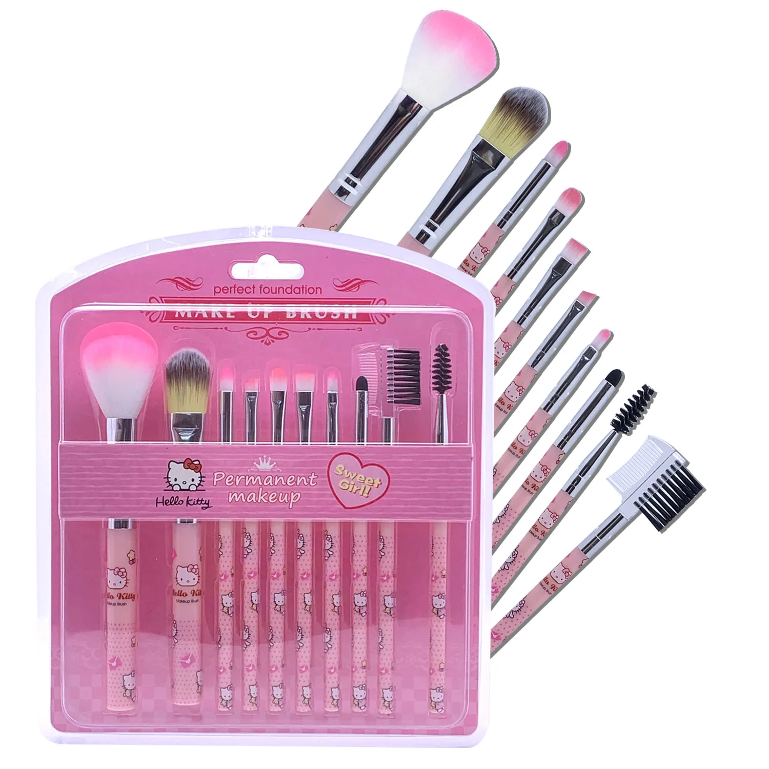 10 Pcs Hellokitty Cartoon Makeup Brush Sets Sanrio Cute Cartoon Blush Brush Eyeshadow Eyebrow Brush Eyelash Brush Beauty Tool