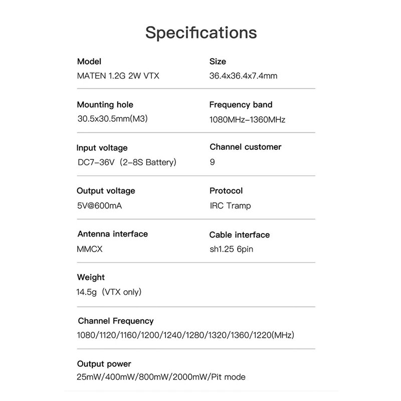 

For GEPRC MATEN 1.2G 2W VTX Traverser MATEN 1.2G 2W VTX Image Transmission Kit Black Signal Stable OSD Parameters