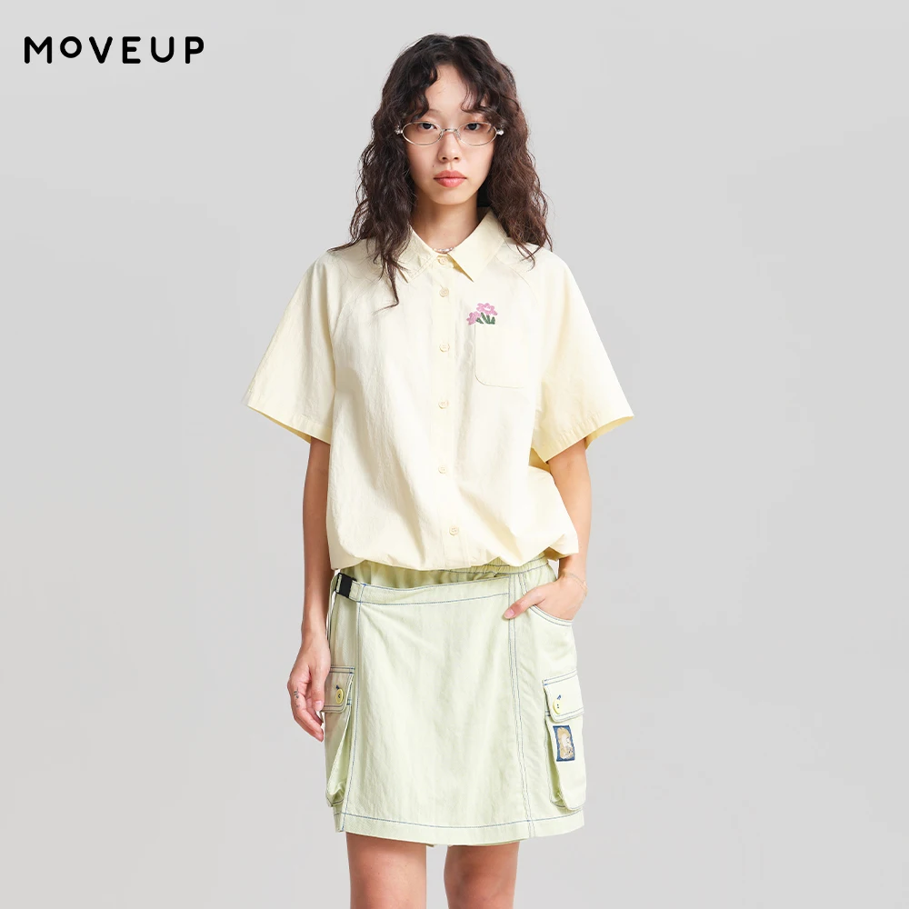 MOVEUP Women's Short-Sleeve Shirt 2026 Spring New Pure Cotton Floral Print Cartoon Animal Embroidery Drawstring Hem 3ELC20404
