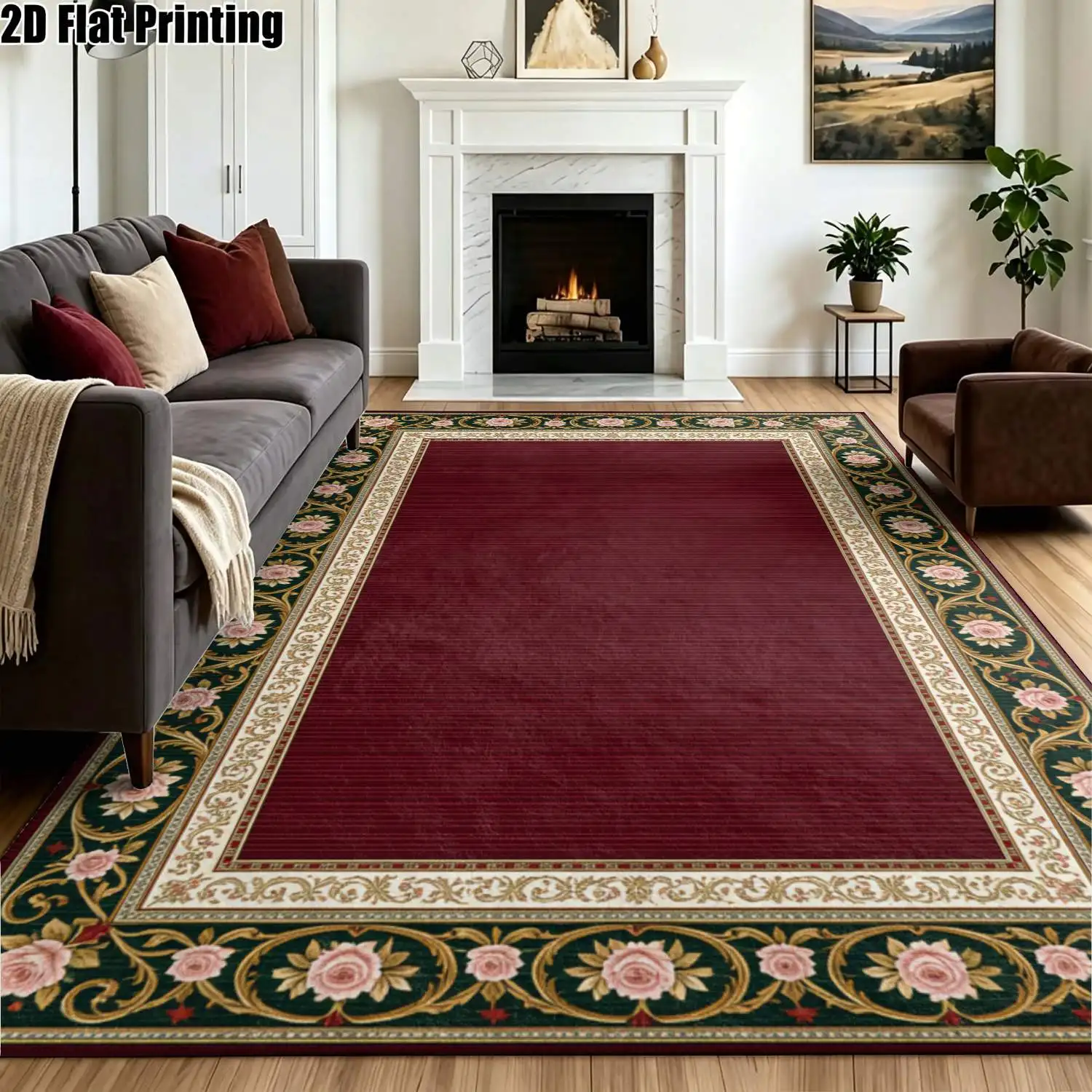 1Pc 2D Printed Retro Red Green Floral Carpet: Vintage European Style Home Decor, Multi-Size, Machine Washable, Suitable for Entrance, Dining, Foyer, Study, Living Room, Bedroom