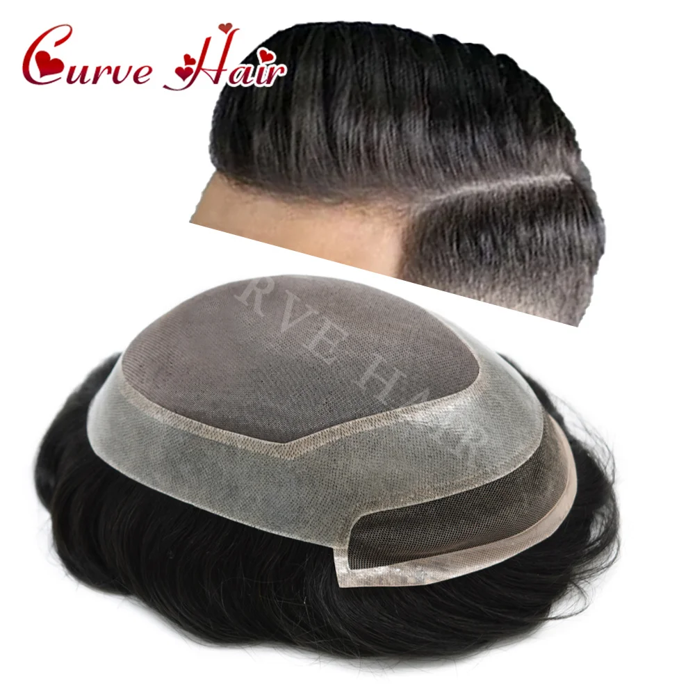 

French Lace Front Toupee for Men Male Hair Prosthesis Durable Fine Mono Mens Toupee Human Hair Replacement Clear Poly Around