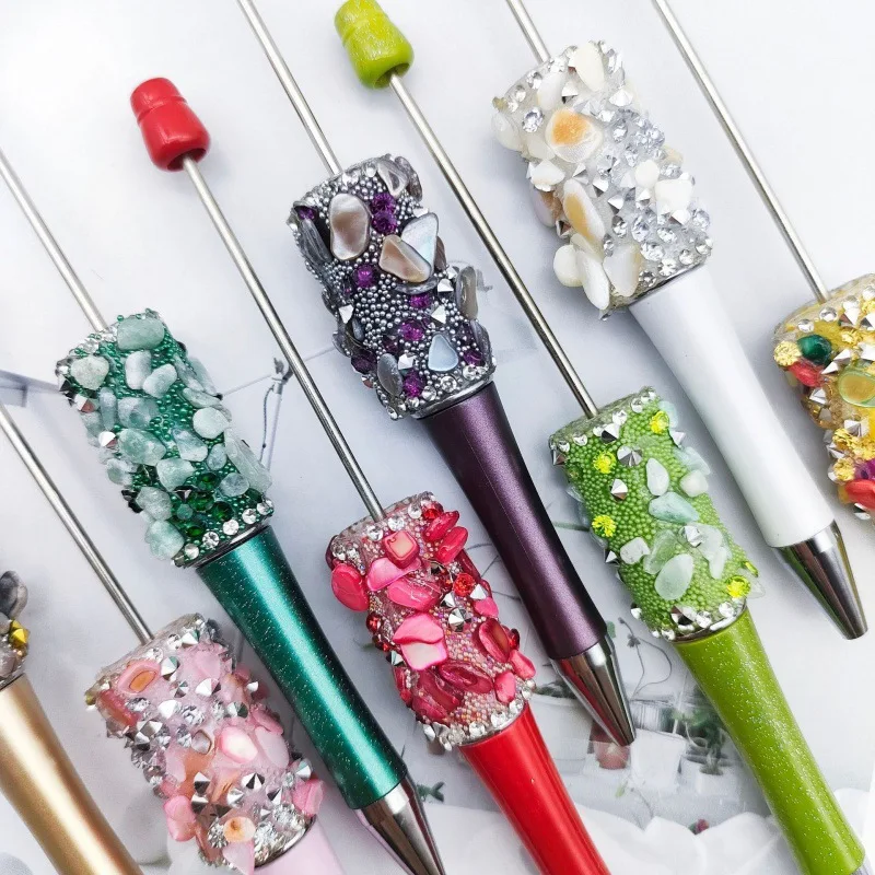 50Pcs Creative DIY Shell Stone Beaded Pen Diamond Glitter Shining Bead Ballpoint Pen School Office Wholesale Stationery Supplies