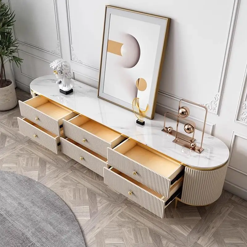 Modern Luxury White TV Stand Coffee Table Set Gold Stainless Steel Legs Wall-Mounted Design Marble Top Drawers for Bedroom
