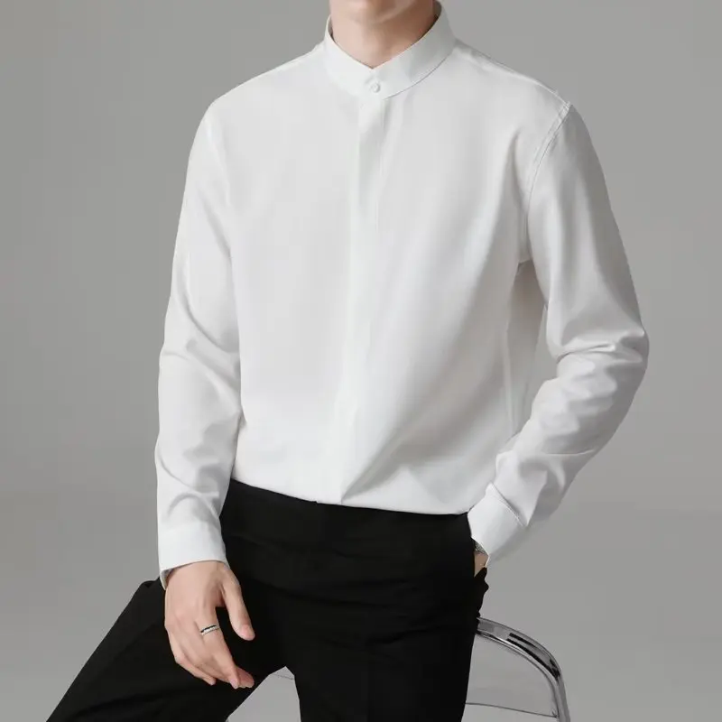 Stand-up Collar Solid Color Men Casual Long Shirt, Business Casual Slim-fit Dress Shirt, Concealed Button Youth Daily Clothing.