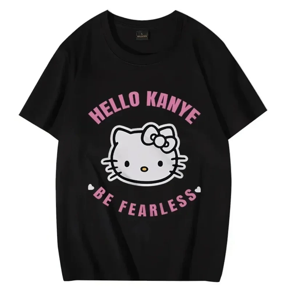 Hello Kitty Kanye Be Fearless Graphics T-Shirt Men Women Fashion Hip Hop Streetwear Loose Sleeve Unisex Tees Family Clothing