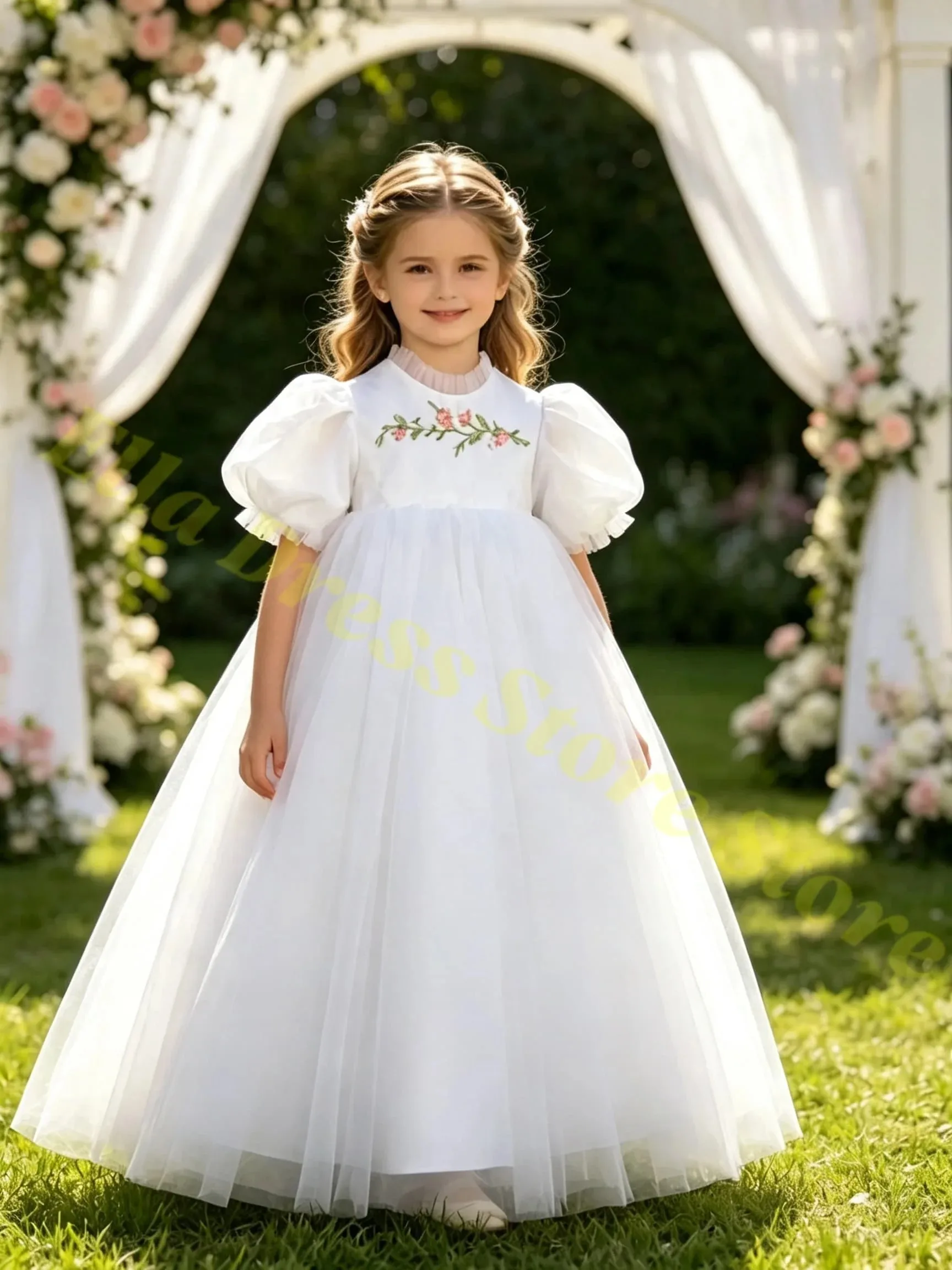 Mädchenkleid Weißes Tüll Flauschiges Exquisites Applikations-Blumenmädchenkleid für Hochzeit Geburtstagsfeier Kommunion Abendballkleider – Detail 3