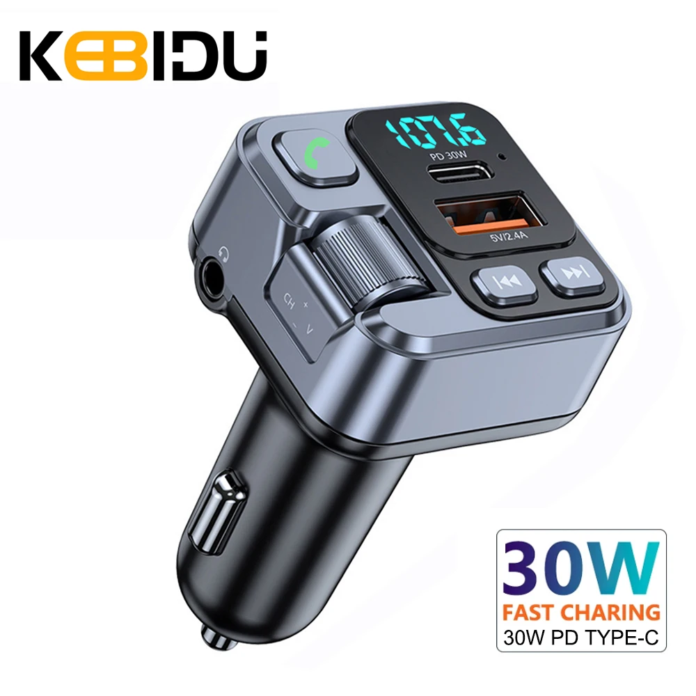 KEBIDU 블루투스 5.1 차량용 FM 송신기, MP3 스테레오 음악 플레이어, 핸즈프리 3.5mm Aux 무선 자동차 키트, 30W PD USB-C 고속 충전기