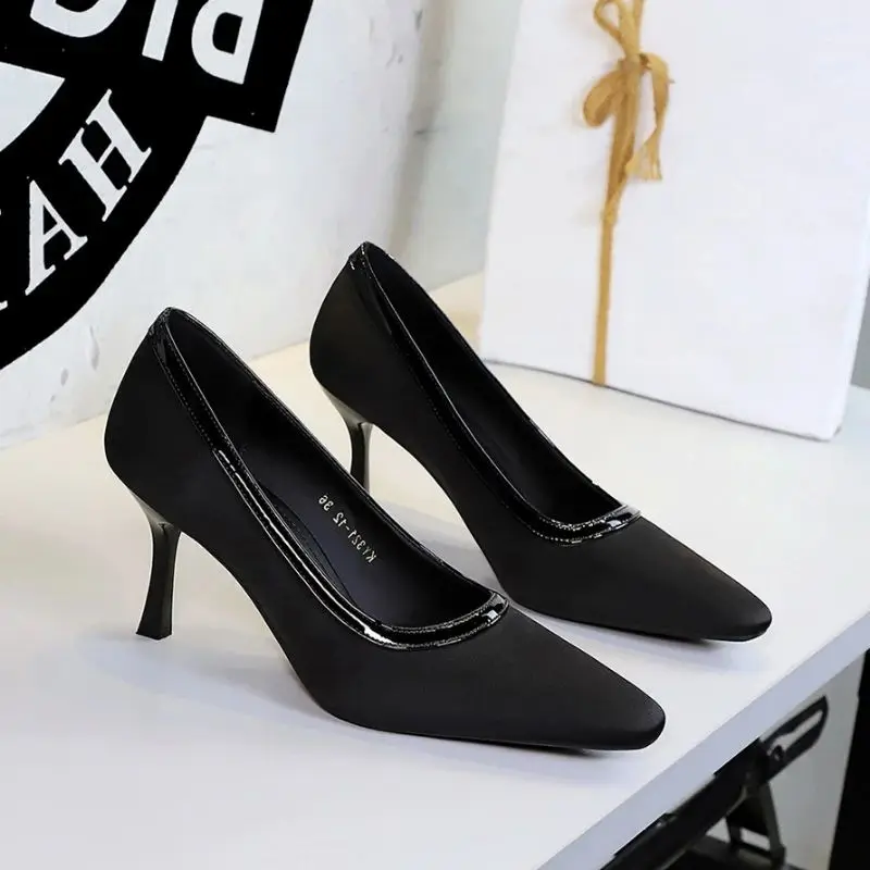 Womens Black Satin Pointed Toe High Heel Pumps With Patent Trim Elegant Stiletto Heels For Office Work Wedding Formal Occasions