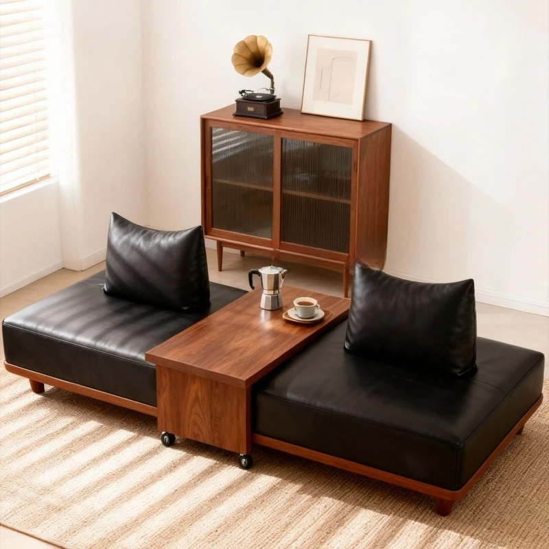 Solid wood double sofa small coffee table combination, sofa sitting and lying sofa