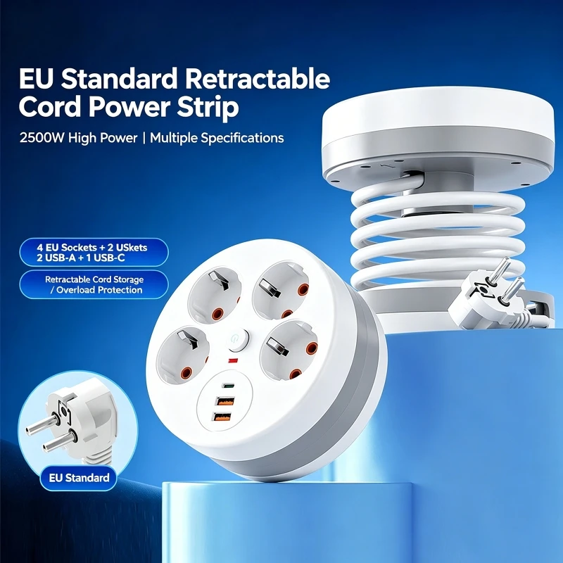 Power Strip Wall Socket Extender with 2.8 meter extension line 4 AC Outlets 2 USB Ports And 1 Type C EU Plug Charger Switch