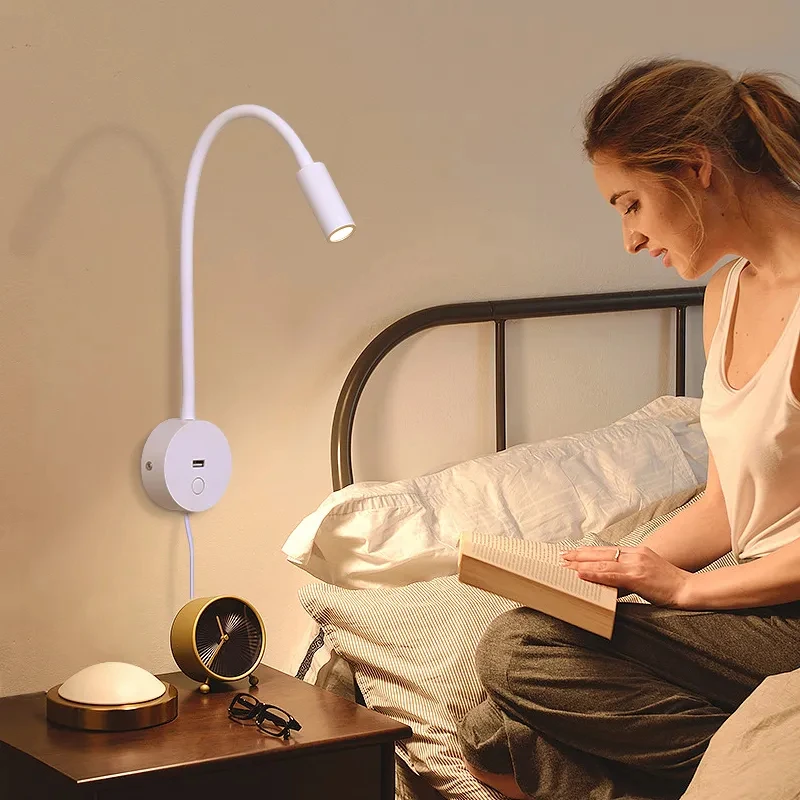 Tokili Plug in White Reading Light Bedside Headboard Lamp Touch On/Off/Dimmer Switch LED USB Charger Nickel Bedroom Decor Sconce