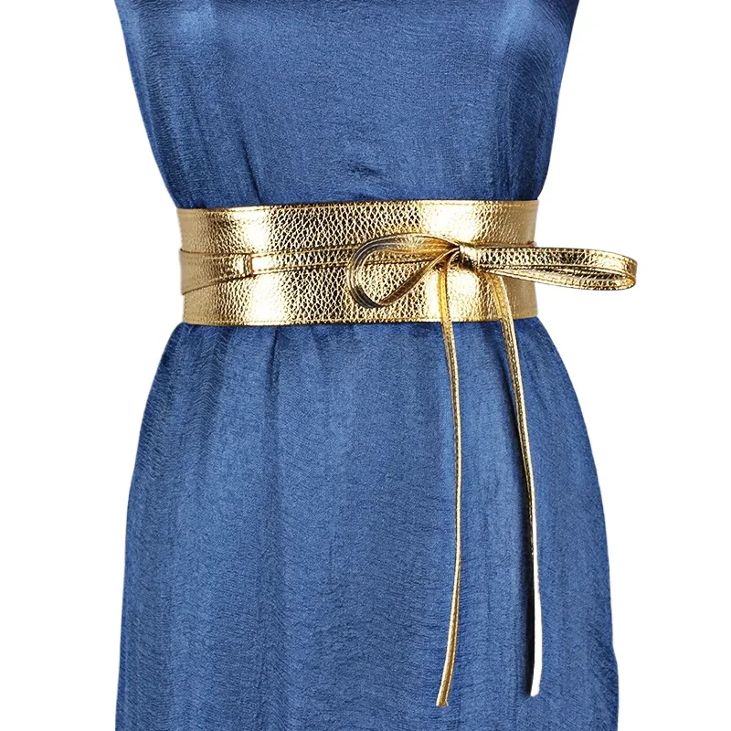 

Золотистый женский широкий пояс из искусственной кожи, мягкий, на завязках, для свадебных платьев, дизайнерский, модный, серебристо-красный