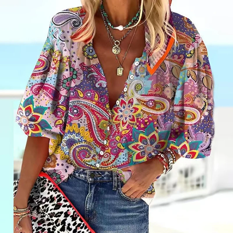 Nữ Áo Lệch Vai Cổ V Áo Sơ Mi Nữ Vintage In Cổ Áo Thu Đông 2022 Thiết Kế Dây Kéo Rời Áo