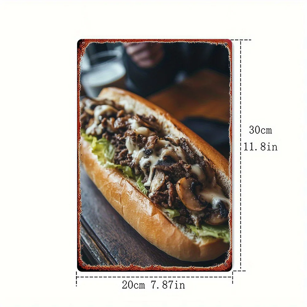 2D Flat, 2D Flat, This Is a 2D Flat Metal Sign Featuring a Tasty Cheesesteak Sandwich with Mushrooms, Designed with a Vintage Di