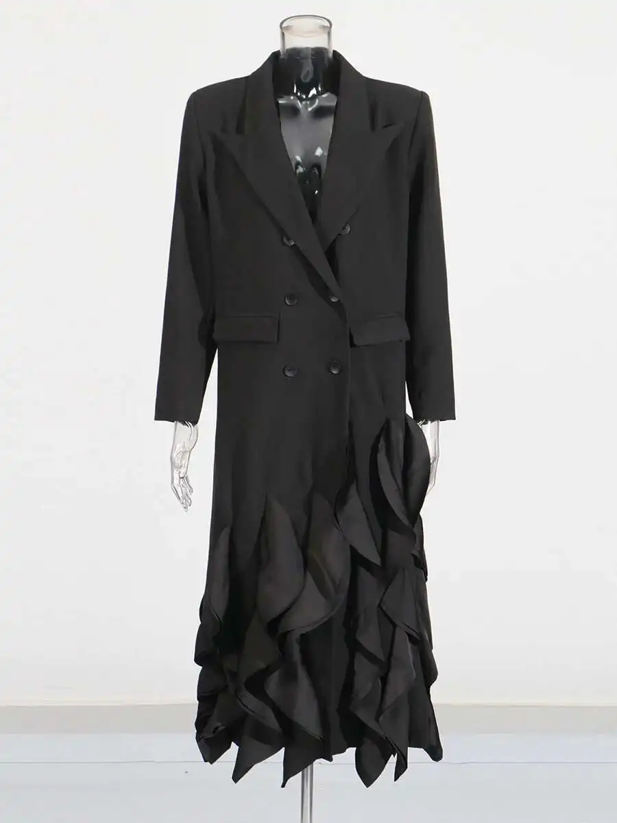 Fanan moda babados design trench para mulheres duplo breasted manga longa blusão casacos femininos temperamento 2025 outono novo