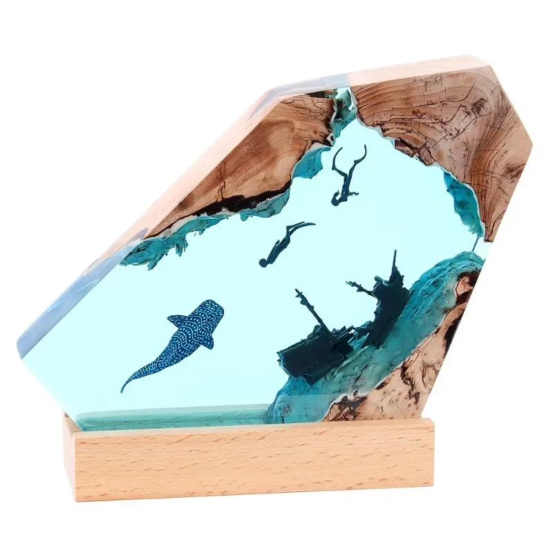 

Home Accessories Bedroom Office Desktop Shipwreck Shark Whale Ocean Art Ornament Gift Solid Wood Resin Night Light