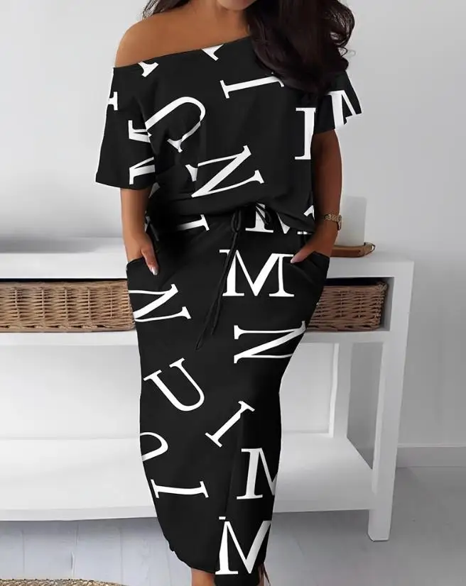 

Summer New Plus Size Alphabet Printed Diagonal Neck T-Shirt and Short Skirt Set Leisure and Elegant Commuting Short Skirt Set