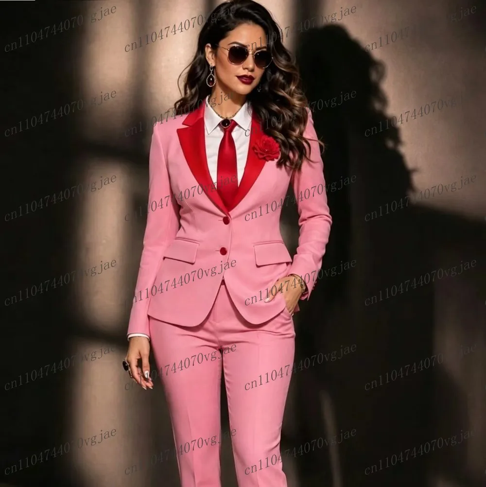 

Red Collar Pink Formal Business Women Suit Wedding Party Prom Ladies Mother Girl Tuxedos Costume 2 Piece Set Jacket Pants