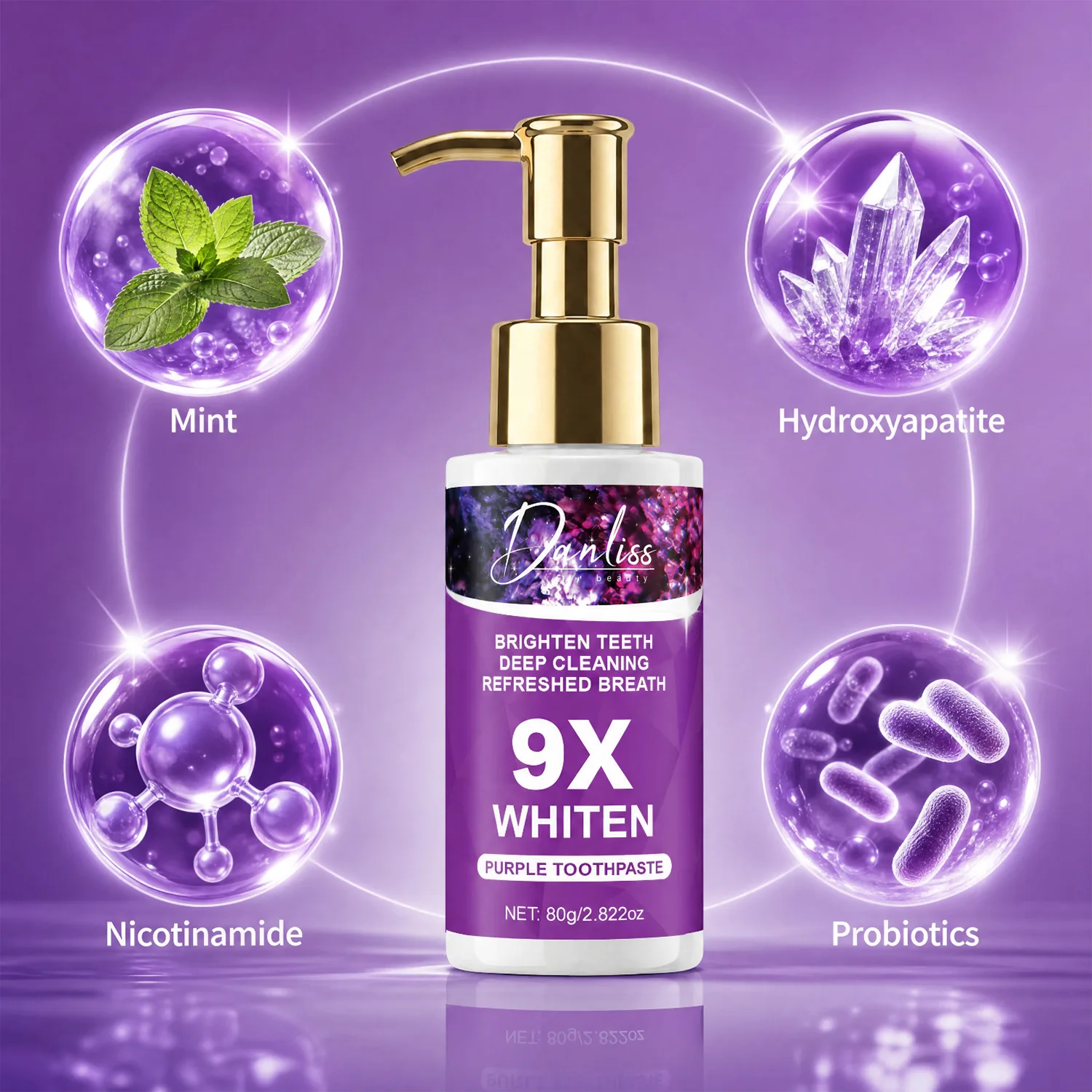 9X Whitening Purple Toothpaste – 80g Pump Bottle with Hydroxyapatite, Nicotinamide & Probiotics for Stain Removal.