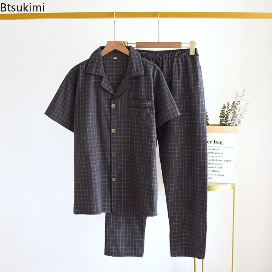 2024 New Men\'s Washed Cotton Pajamas Sets Japanese Style Plaid Short Sleeve Tops+Pants Sleepwear Suit Men Comfy Lounge Home Wear