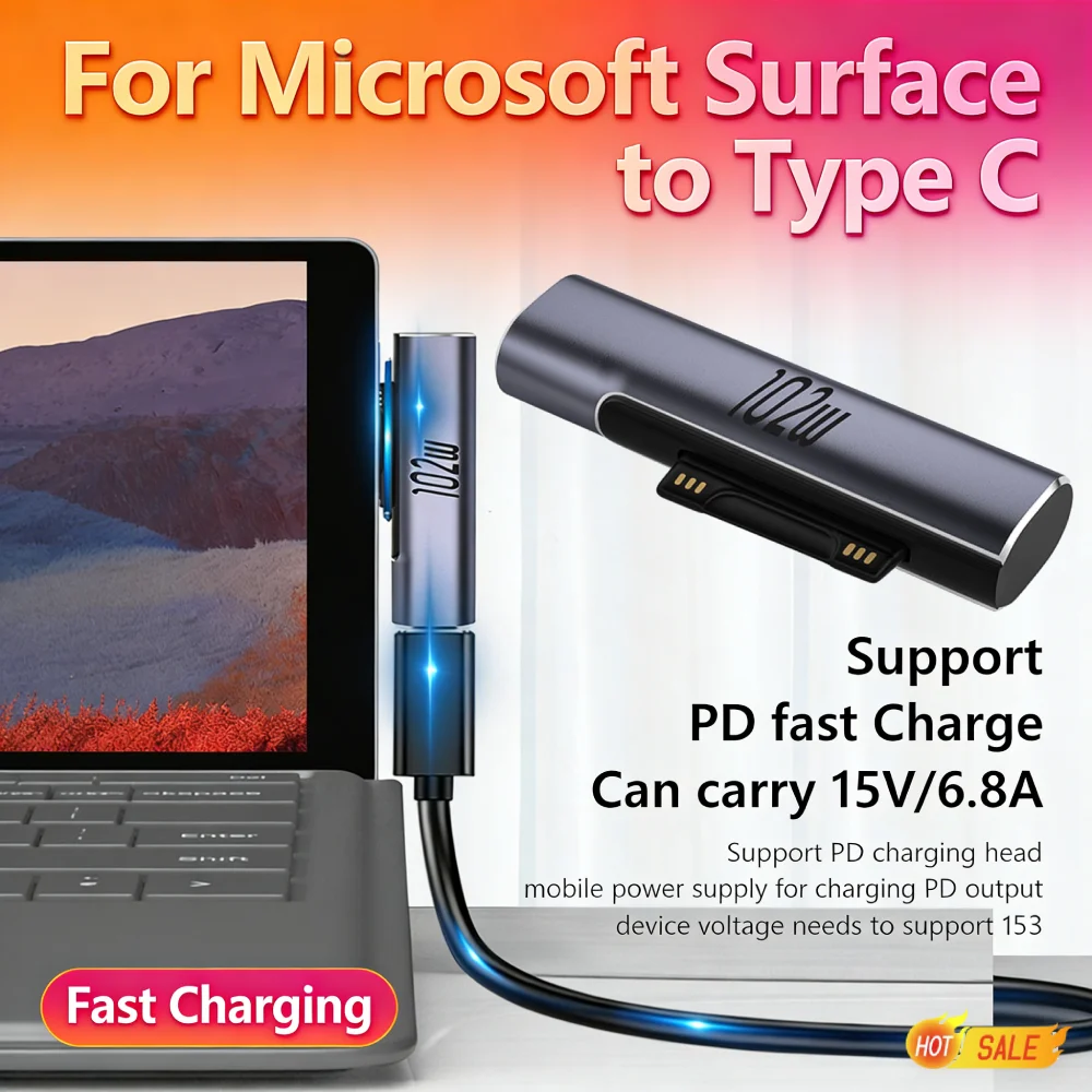 For Microsoft Surface Magnetic Charging Converter 102W PD Adapter 6.8A Fast Charging USB C PD Adapter For Microsoft Surface Pro