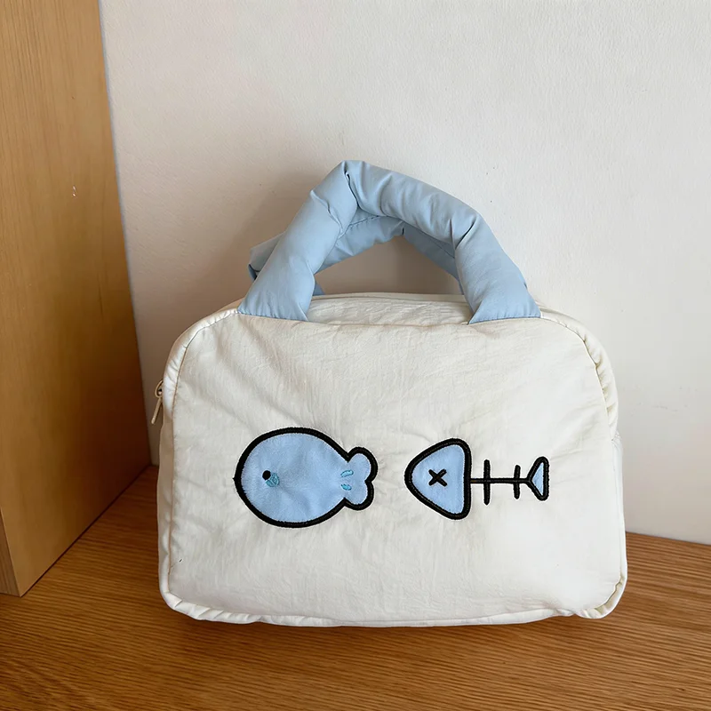 Portable Large Capacity Cartoon Embroidery Handheld Makeup Bag, Travel Toiletry Organizer with Layers, Cute Cosmetic Pouch