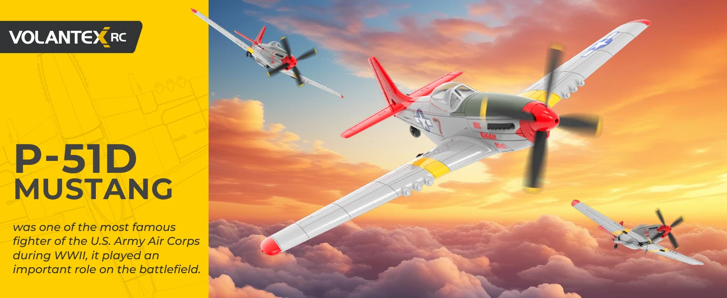Volantexrc P51 Mustang RC Plane, 3-Level Control, One Key Aerobatic RC Airplane, Easy Assembly for Beginners & Adults