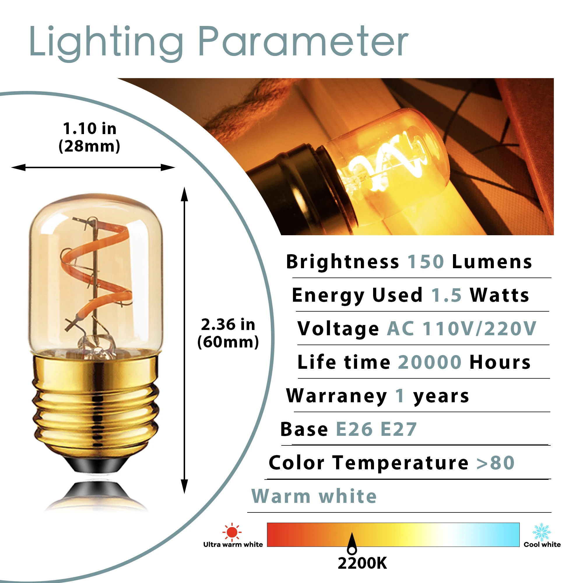 6Pack Spiral LED Filament Tube Edison Light Bulbs 1.5W E27 2200K Dimmable 15W Equivalent Small Bulb For Bedside Indoor Decor