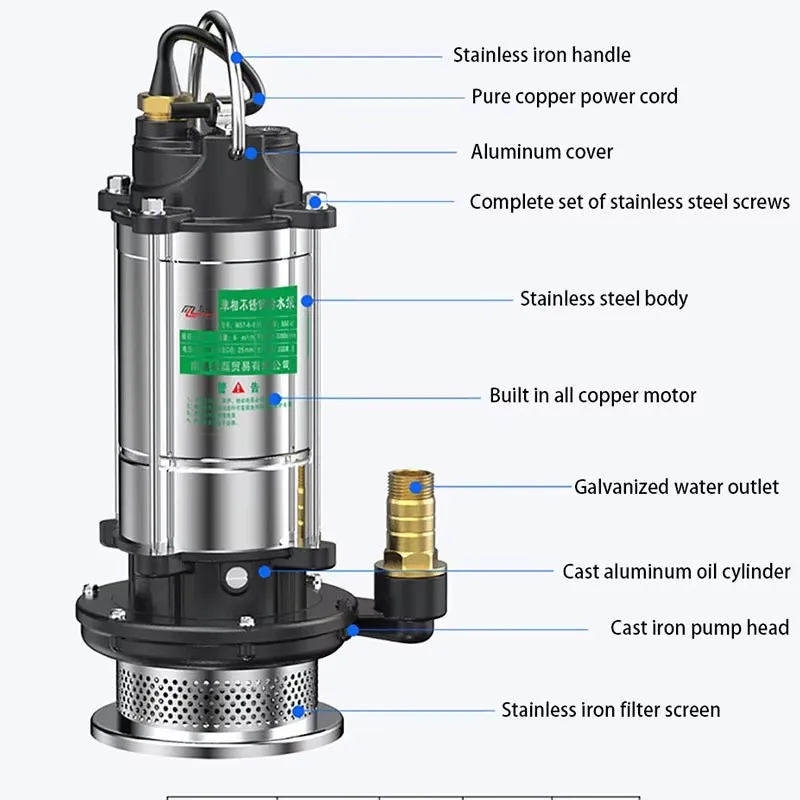 Submersible Pump 220V High Head High Flow Water Pump Household Sump Pump Sewage Pump Agricultural Irrigation Sump Pump
