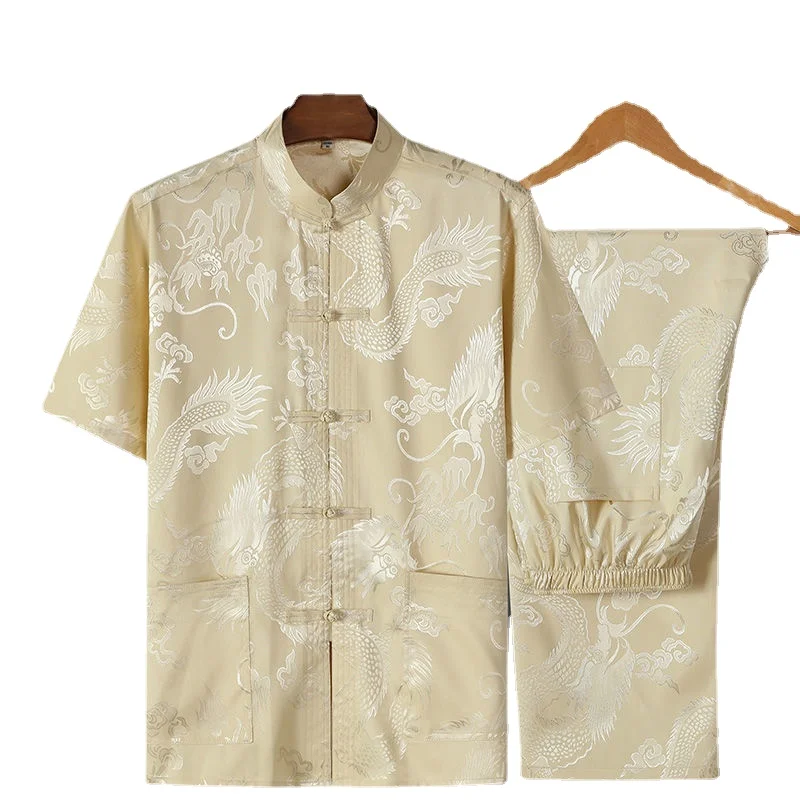 

Chinese Silk Dragon Pattern Retro Tang Suit Kung Fu Tai Chi Clothes Men's Hanfu Fu Cheongsam with Pocket Shirt Bottoming Shirt