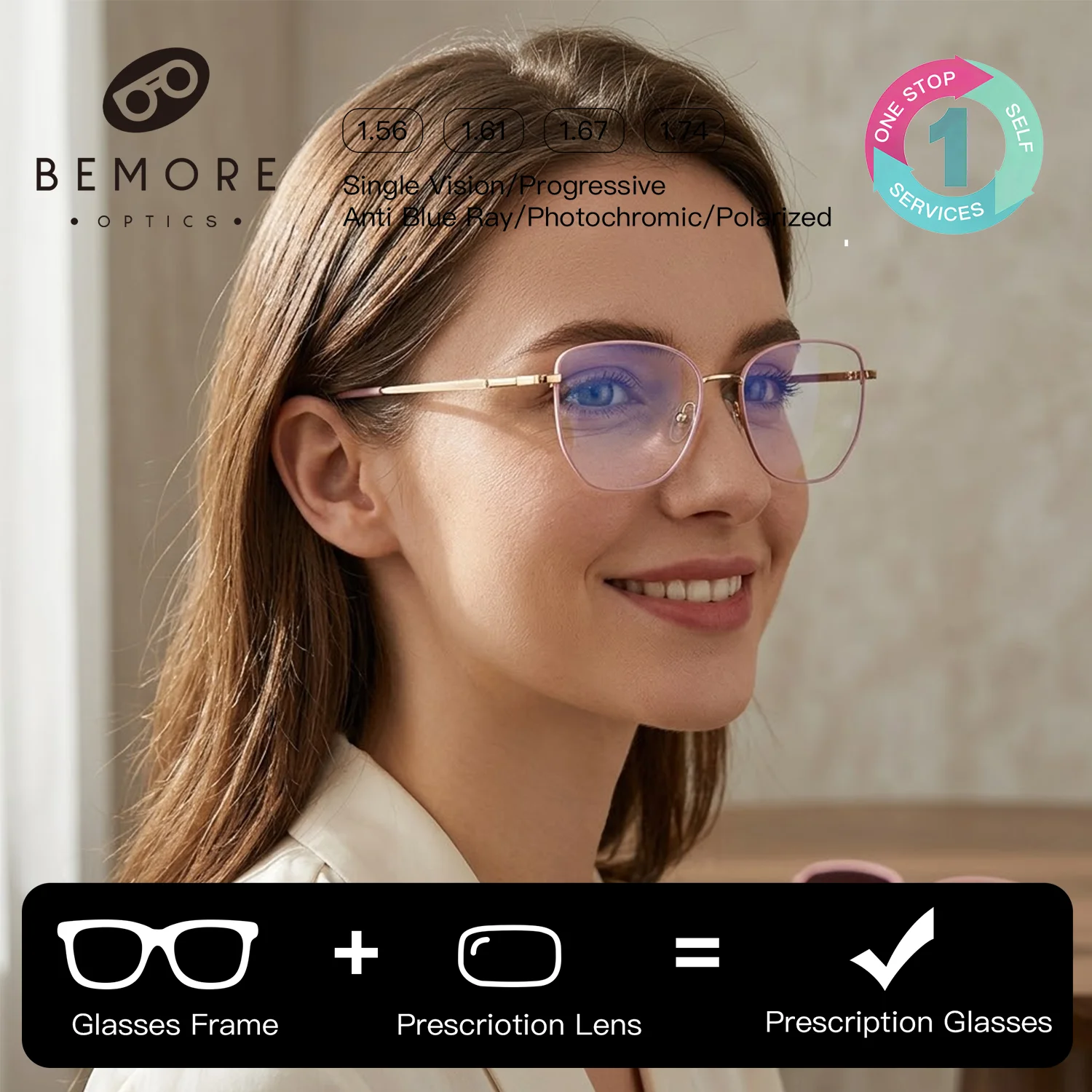 

BEMORE Butterfly Myopia Glasses Woman Ultralight Metal Square Anti-Blue Ray Clip on Polarized Prescription Sunglasses Eyewear