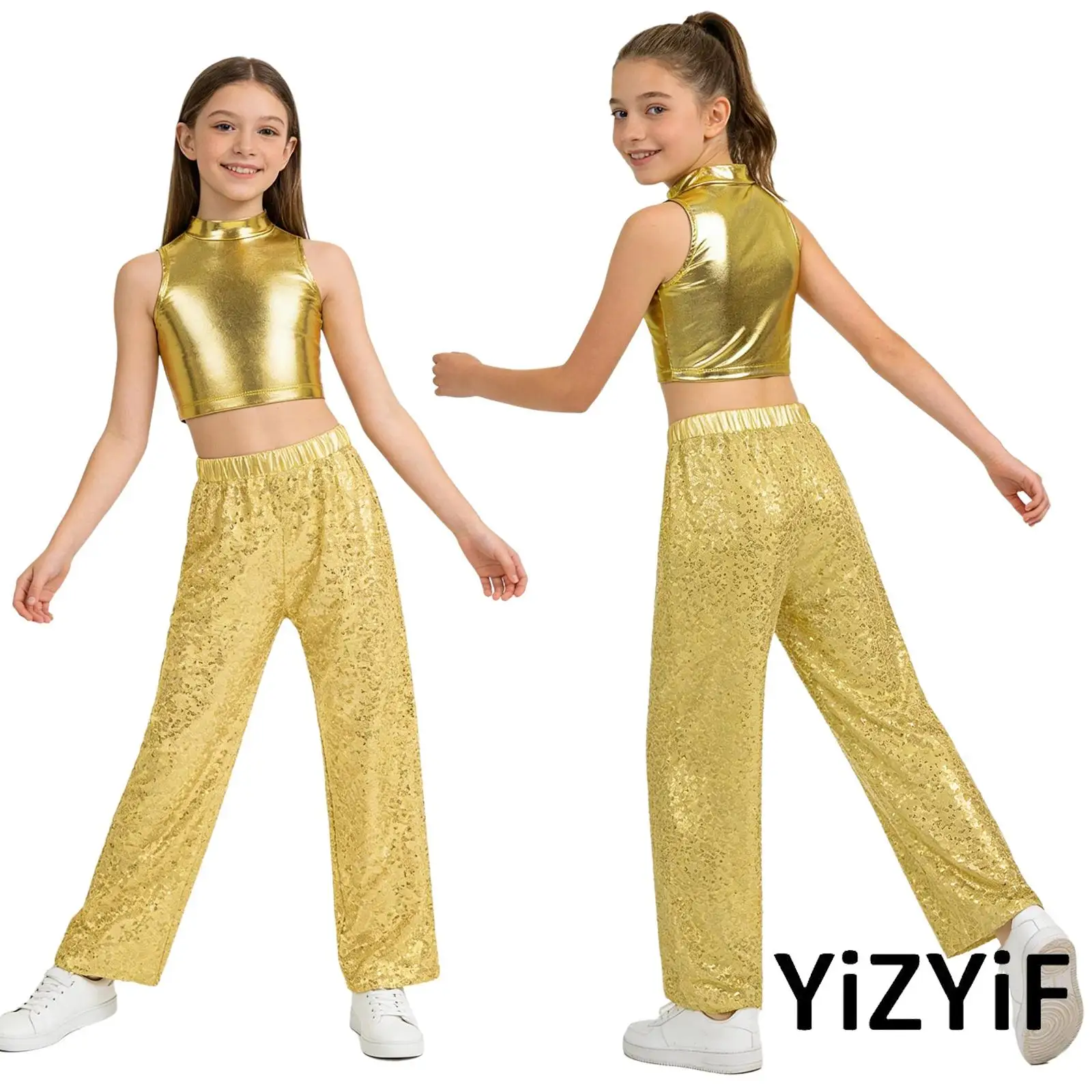 

Kids Modern Disco Ballroom Dance Stage Outfit Sleeveless Metallic Crop Top with Sparkling Sequin Pants for Jazz Dance Clothes