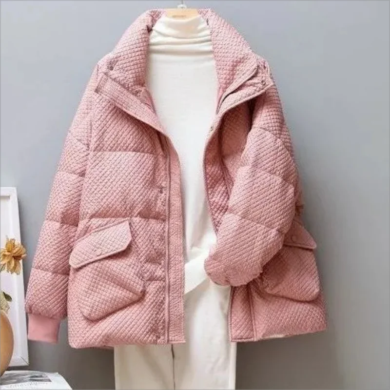 

Winter Waffle Thickened Padded Jacket Women Solid Color Oversize Warm Standing Collar Bread Clothes Hip Hop Thicken Coat