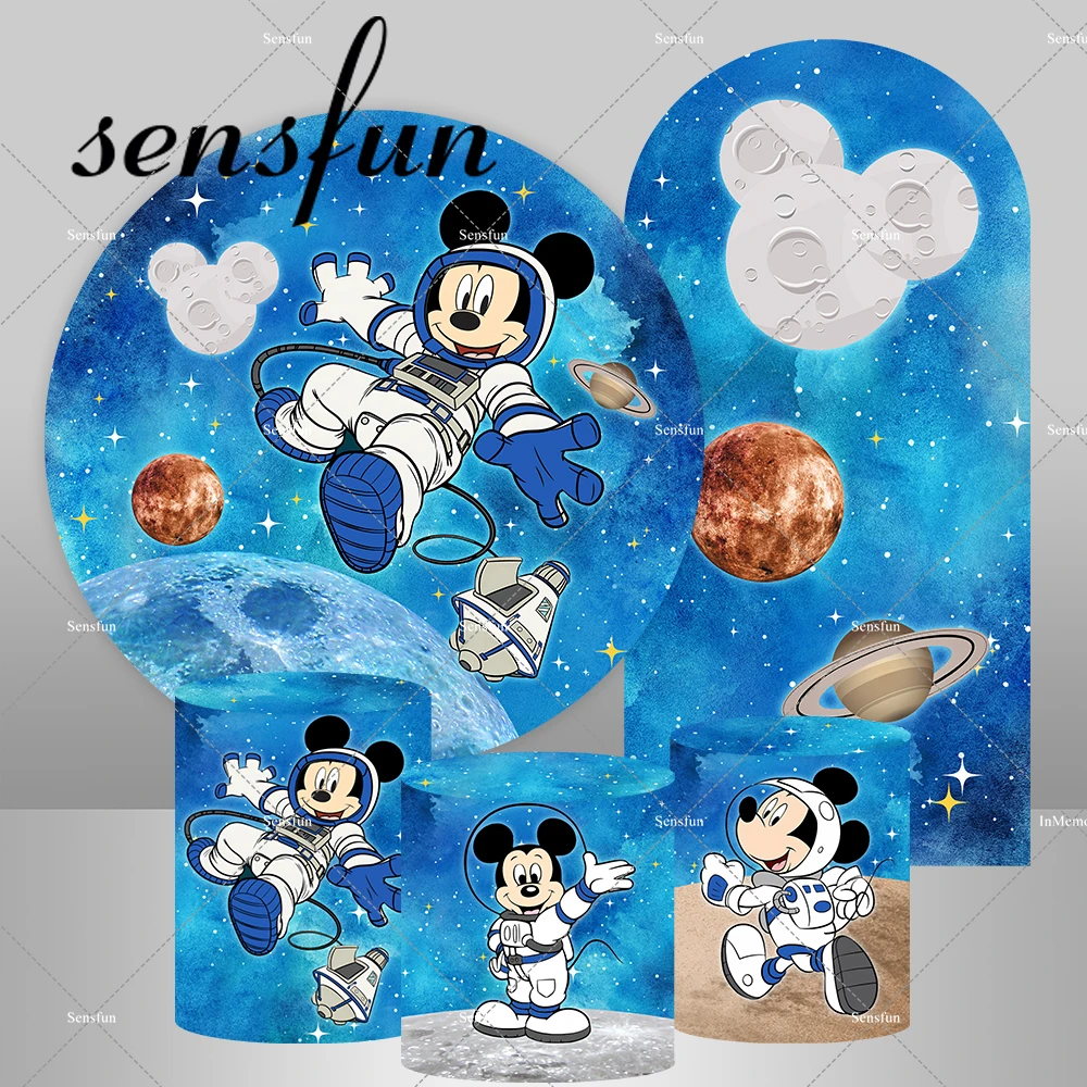 Universe Astronaut Mickey Round Backdrop For Boys Baby Shower Birthday Party Outer Space Starry Sky Plinth Cover Arch Background