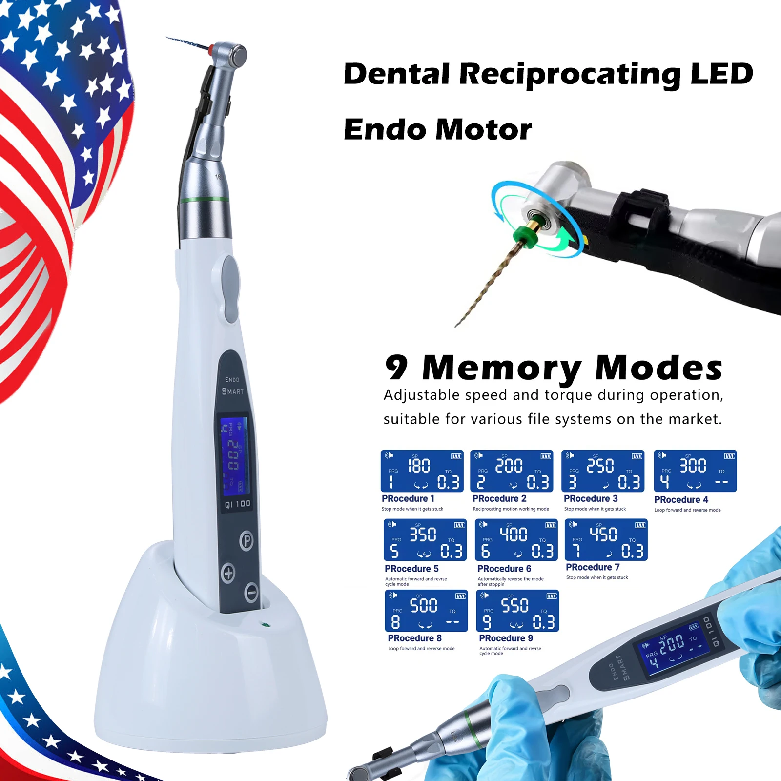 

SANDENT Wireless Dental Endodontic Cordless LED Endo Motor 16:1 Contra Angle Handpiece with 9 Program Modes & Reciprocating