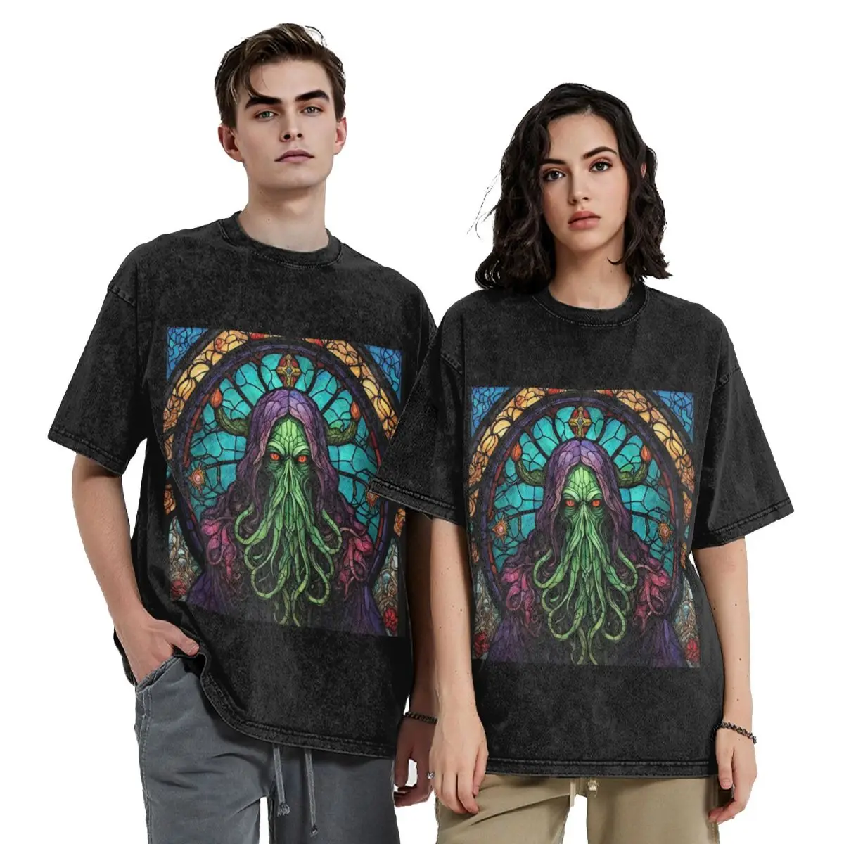 Cthulhu Stained Glass Tentacles Hip Hop Short Sleeve T-Shirts Washed Tops Tees Streetwear T Shirt Vintage for Men Women