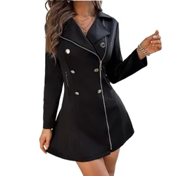 Spring Autumn Women's Fashion Black Mini Dress Elegant Office Lady Suit Collar Double-breasted Zipper  A Line Dresses Streetwear